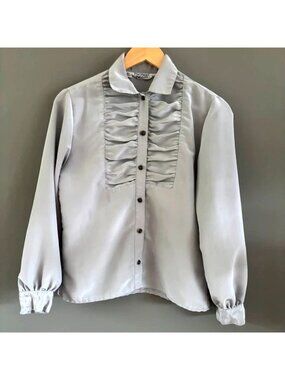 Vintage Personal Petites Top Ruffle Blouse Gray Button Long Sleeve Shirt Size 4